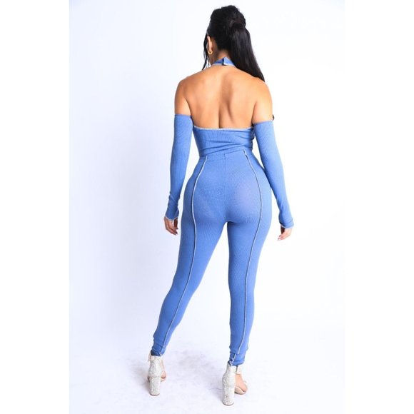 Women's Overlock Detailed Cross Halter Keyhole Neck Off The Shoulder 2 Piece Set - Picture 11 of 16